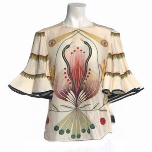 Chloe ivory and Multicolor Printed Ruffled-Sleeve Silk Top